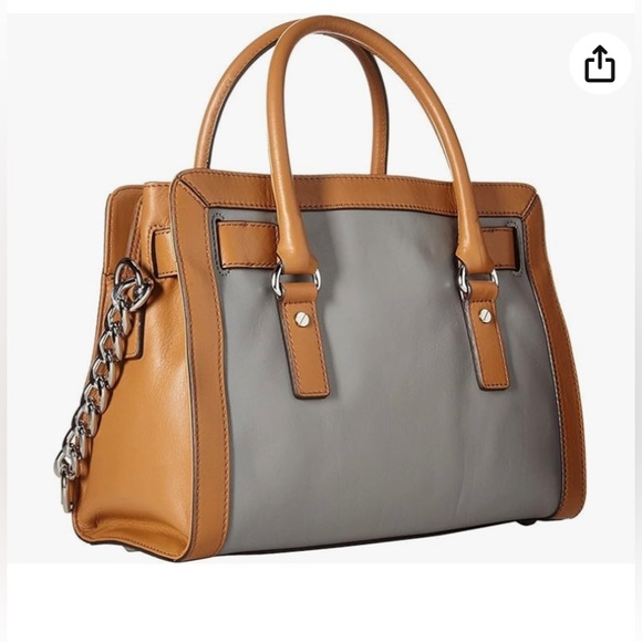 Michael Kors Hamilton Frame Out Steel Gray Acorn Leather Satchel Bag - Picture 2 of 15